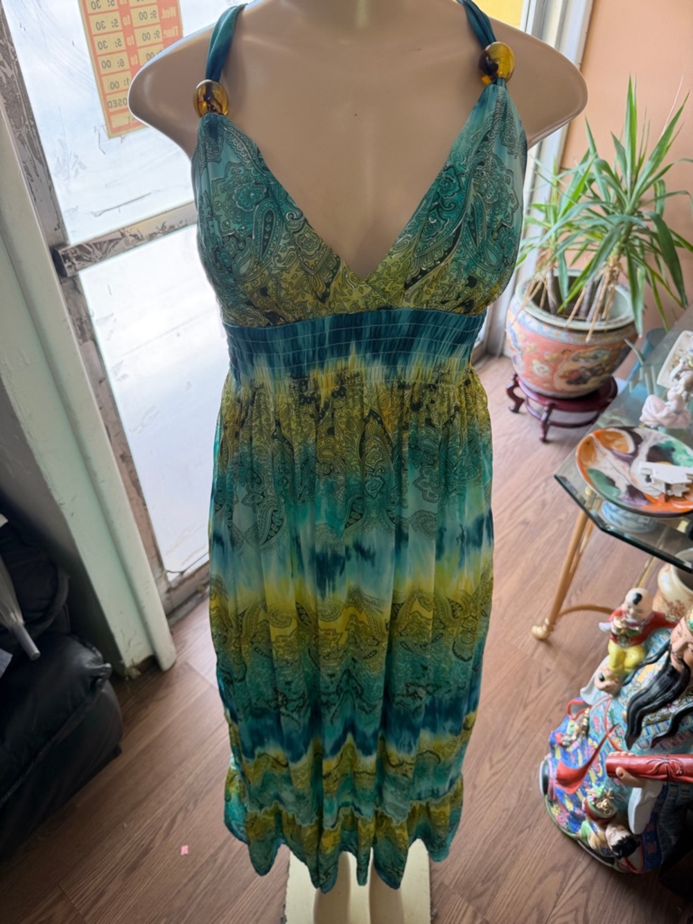Sleeveless Teal‎ & Yellow Halter Summer Dress